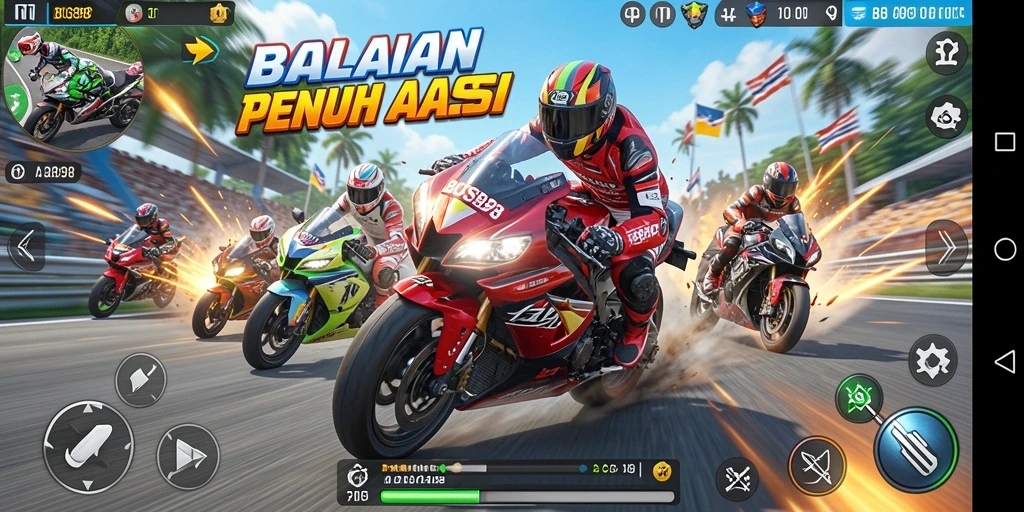 Tampilan gameplay seru di trek balapan motor.