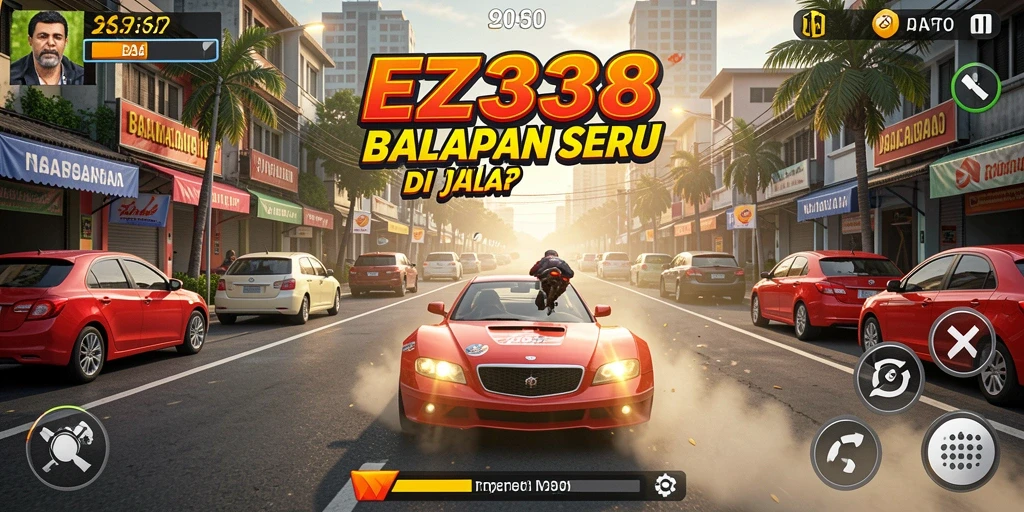 Tangkapan layar gameplay EZ338 menampilkan aksi balapan yang intens.