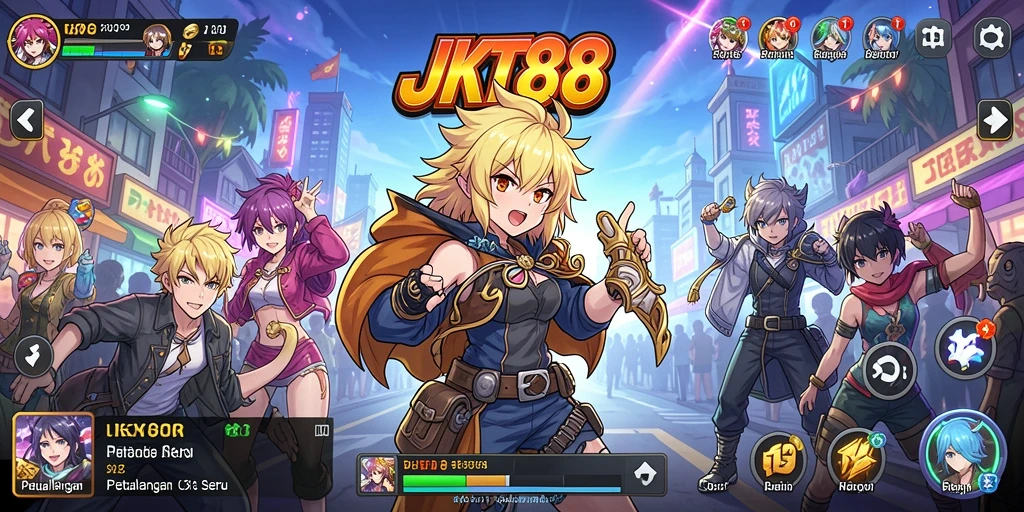 Screenshot utama JKT88 menampilkan karakter Anime dalam pertempuran yang seru.
