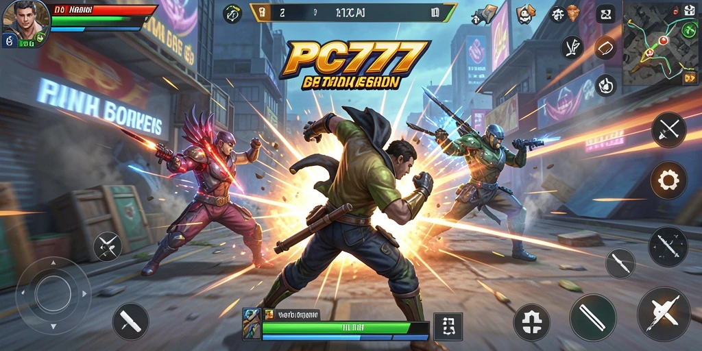 Screenshot utama PC777 menampilkan karakter dalam pertarungan seru dan dinamis.