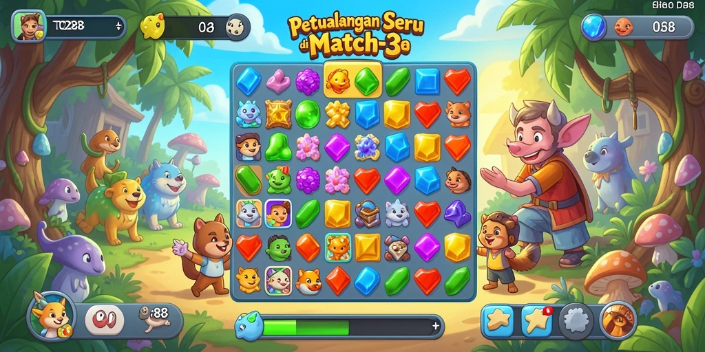 Tangkapan layar dari permainan TO288 yang menunjukkan gameplay Match-3 yang menarik.